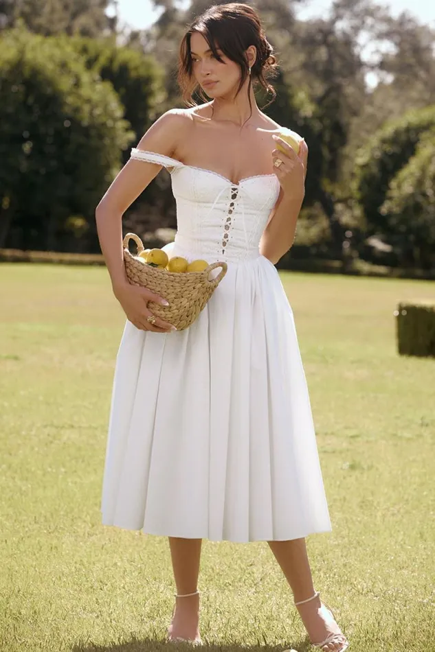 Women Milia White Broderie Anglais and Cotton Midi Dress House Of CB Dresses