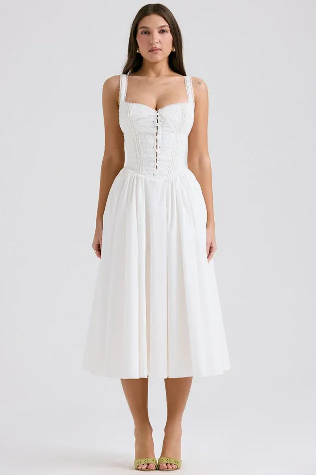 Women Milia White Broderie Anglais and Cotton Midi Dress House Of CB Dresses Women Milia White Broderie Anglais and Cotton Midi Dress House Of CB Dresses