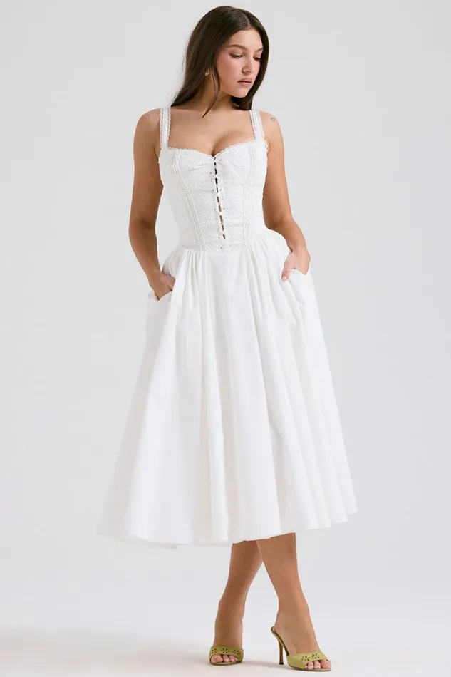Women Milia White Broderie Anglais and Cotton Midi Dress House Of CB Dresses Women Milia White Broderie Anglais and Cotton Midi Dress House Of CB Dresses