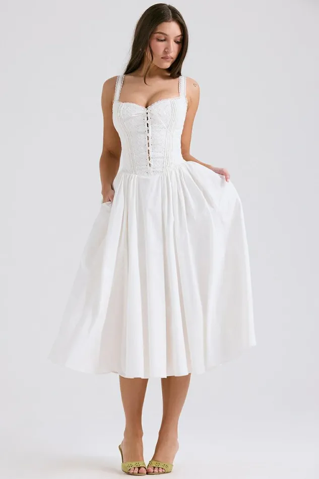 Women Milia White Broderie Anglais and Cotton Midi Dress House Of CB Dresses Women Milia White Broderie Anglais and Cotton Midi Dress House Of CB Dresses