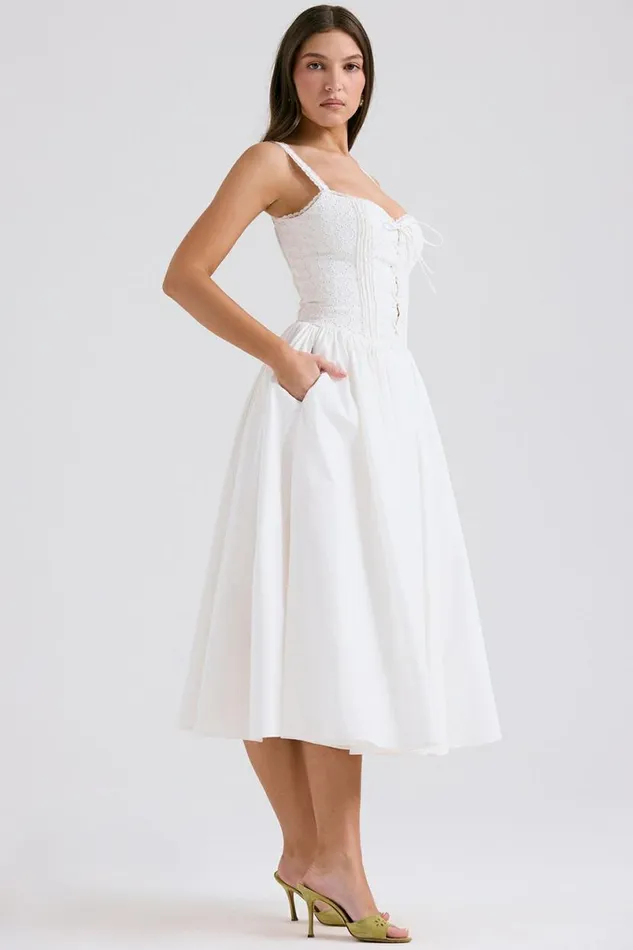 Women Milia White Broderie Anglais and Cotton Midi Dress House Of CB Dresses Women Milia White Broderie Anglais and Cotton Midi Dress House Of CB Dresses