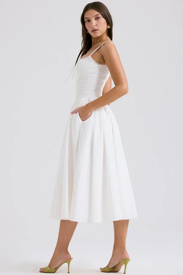 Women Milia White Broderie Anglais and Cotton Midi Dress House Of CB Dresses Women Milia White Broderie Anglais and Cotton Midi Dress House Of CB Dresses
