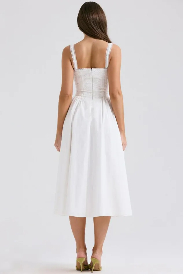 Women Milia White Broderie Anglais and Cotton Midi Dress House Of CB Dresses Women Milia White Broderie Anglais and Cotton Midi Dress House Of CB Dresses