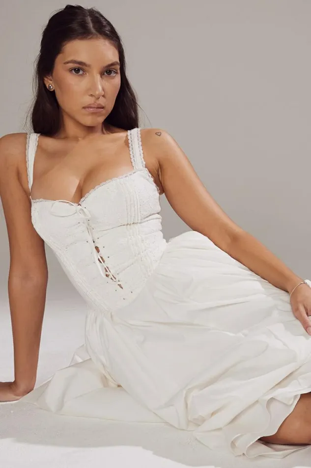 Women Milia White Broderie Anglais and Cotton Midi Dress House Of CB Dresses Women Milia White Broderie Anglais and Cotton Midi Dress House Of CB Dresses
