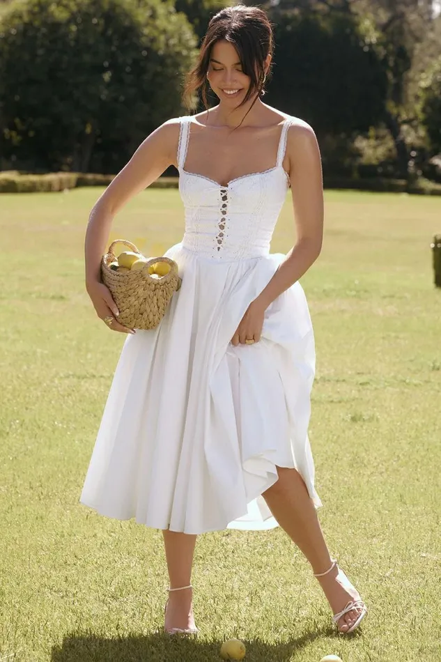 Women Milia White Broderie Anglais and Cotton Midi Dress House Of CB Dresses Women Milia White Broderie Anglais and Cotton Midi Dress House Of CB Dresses