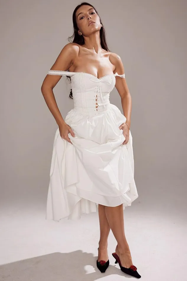 Women Milia White Broderie Anglais and Cotton Midi Dress House Of CB Dresses Women Milia White Broderie Anglais and Cotton Midi Dress House Of CB Dresses
