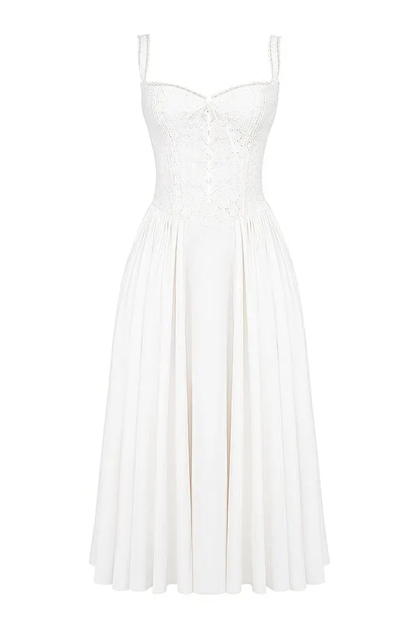 Women Milia White Broderie Anglais and Cotton Midi Dress House Of CB Dresses Women Milia White Broderie Anglais and Cotton Midi Dress House Of CB Dresses
