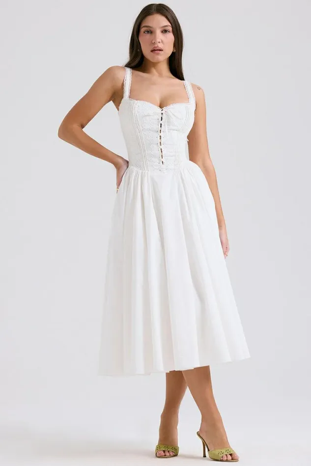 Women Milia White Broderie Anglais and Cotton Midi Dress House Of CB Dresses Women Milia White Broderie Anglais and Cotton Midi Dress House Of CB Dresses