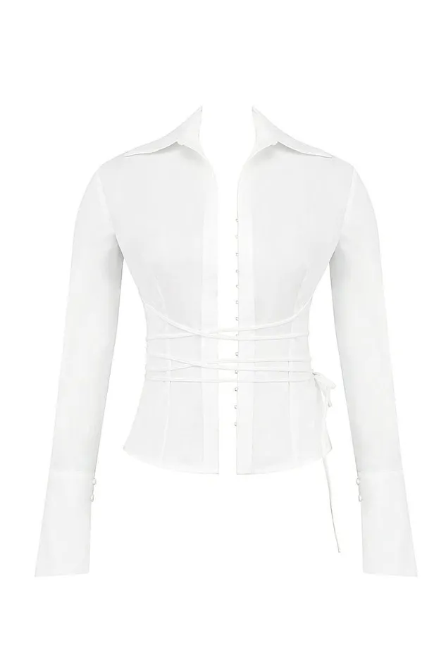Women Moren White Fitted Cotton Tie Front Shirt House Of CB Tops