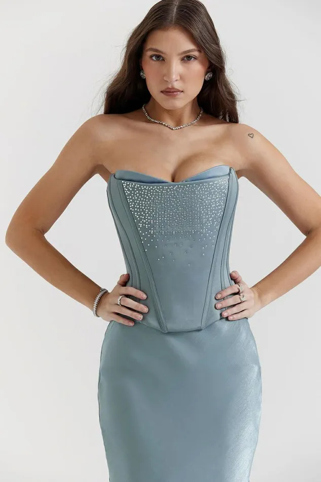 Women Nastassia Cool Blue Embellished Satin Corset House Of CB Corsets