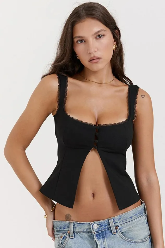 Women Noura Black Lace Trim Top House Of CB Tops