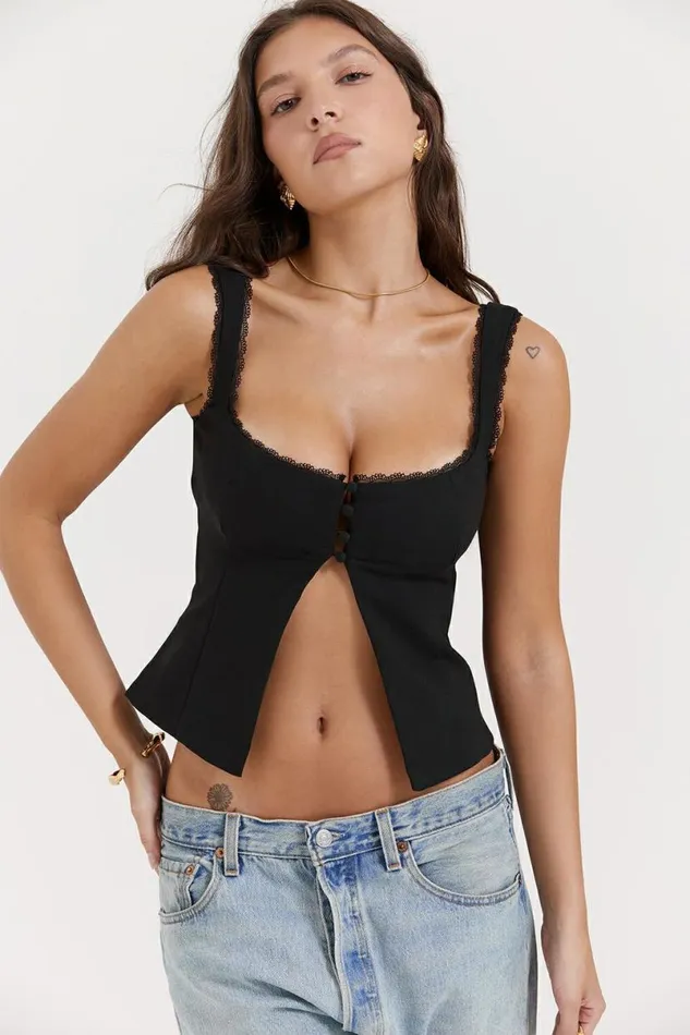 Women Noura Black Lace Trim Top House Of CB Tops