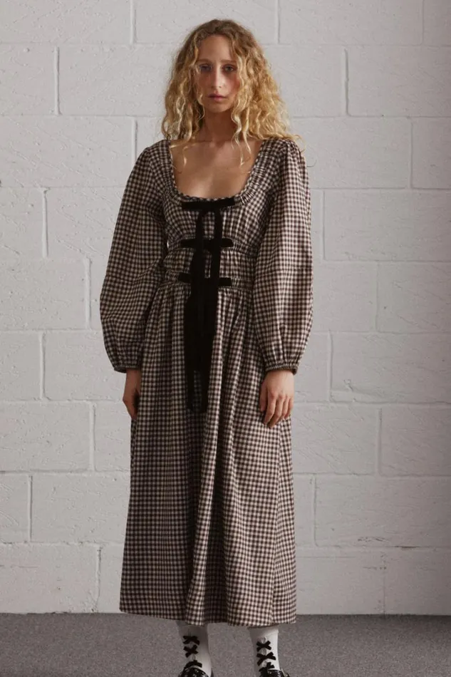 Women Occasion Wear Damson Madder Dakota Bow Midi Dress 8211 Chocolate Check