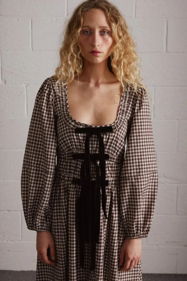 Women Occasion Wear Damson Madder Dakota Bow Midi Dress 8211 Chocolate Check