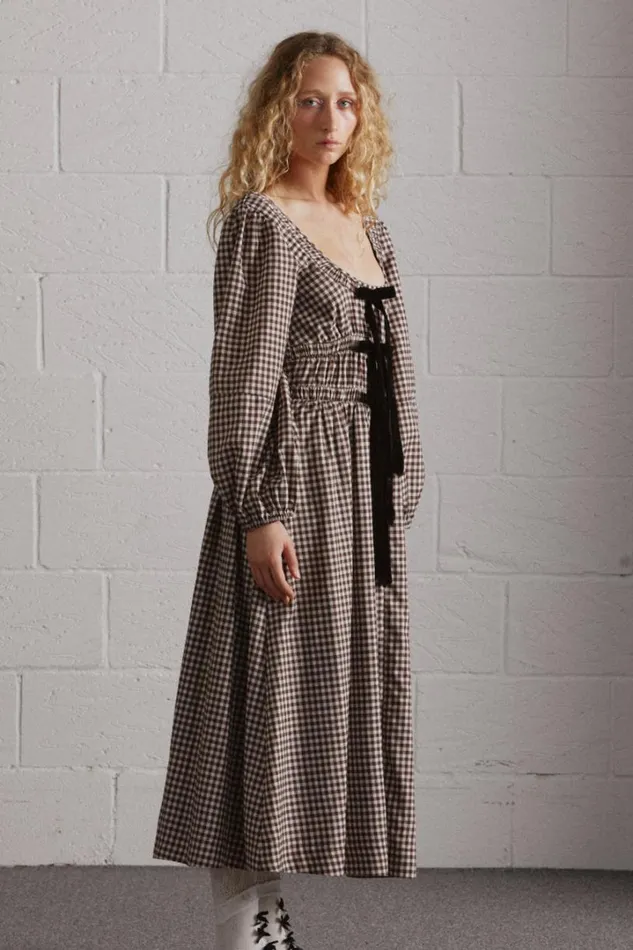 Women Occasion Wear Damson Madder Dakota Bow Midi Dress 8211 Chocolate Check
