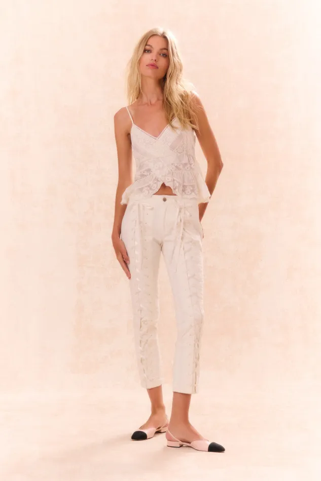 Women Pants and Shorts LoveShackFancy Doro Lace Up Bow Pants Cream