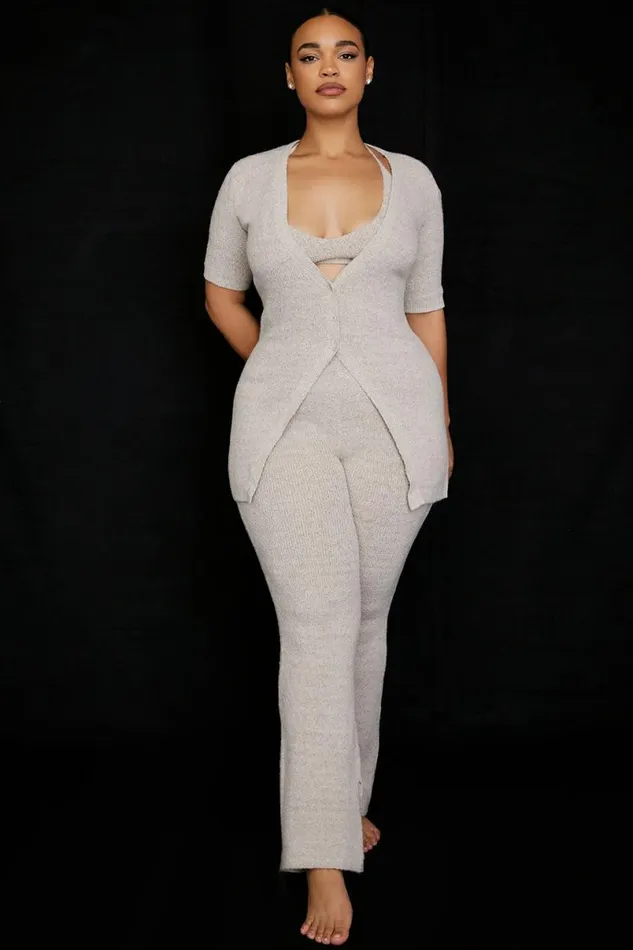 Women Raven Oatmeal Ribbed Knit Flared Trousers House Of CB Bottoms Women Raven Oatmeal Ribbed Knit Flared Trousers House Of CB Bottoms