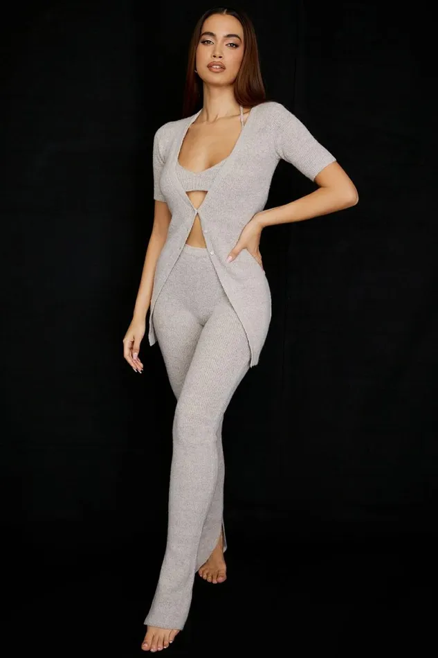 Women Raven Oatmeal Ribbed Knit Flared Trousers House Of CB Bottoms Women Raven Oatmeal Ribbed Knit Flared Trousers House Of CB Bottoms