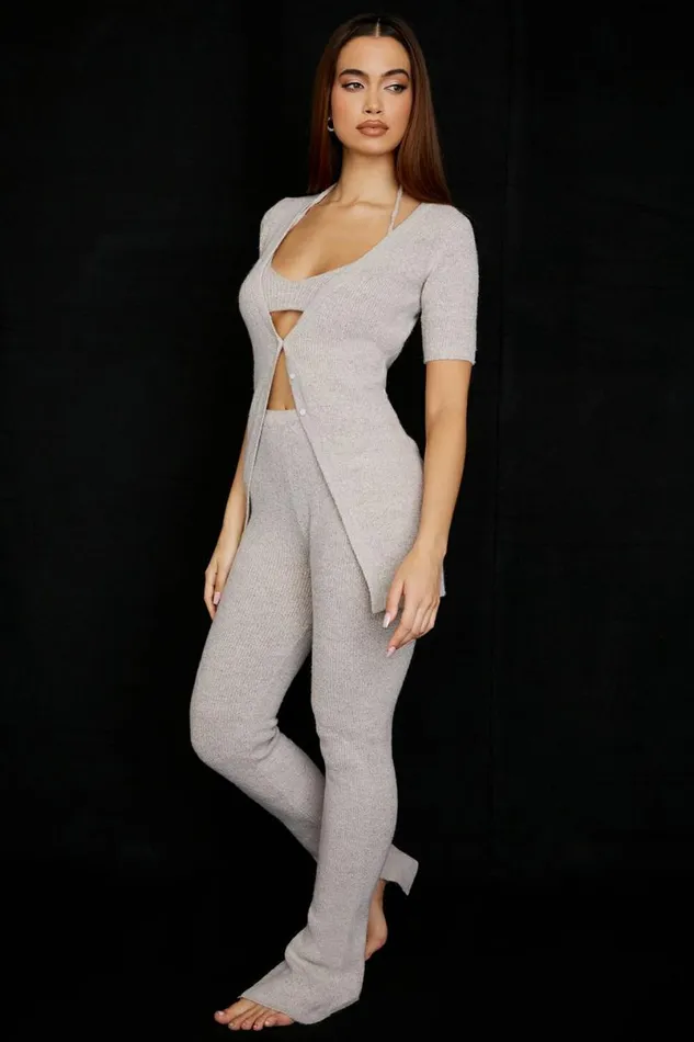 Women Raven Oatmeal Ribbed Knit Flared Trousers House Of CB Bottoms Women Raven Oatmeal Ribbed Knit Flared Trousers House Of CB Bottoms