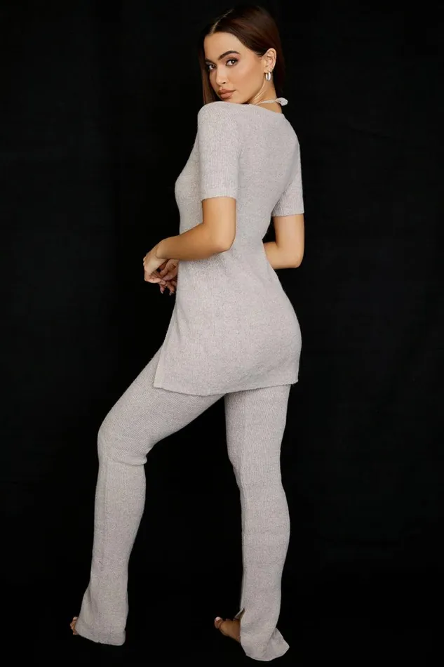 Women Raven Oatmeal Ribbed Knit Flared Trousers House Of CB Bottoms Women Raven Oatmeal Ribbed Knit Flared Trousers House Of CB Bottoms