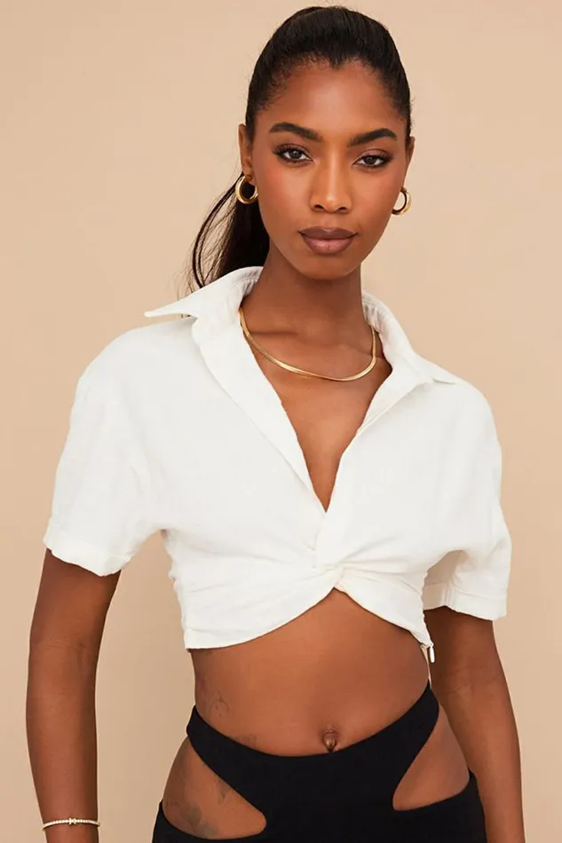 Women Remi White Twist Front Crop Shirt House Of CB Tops