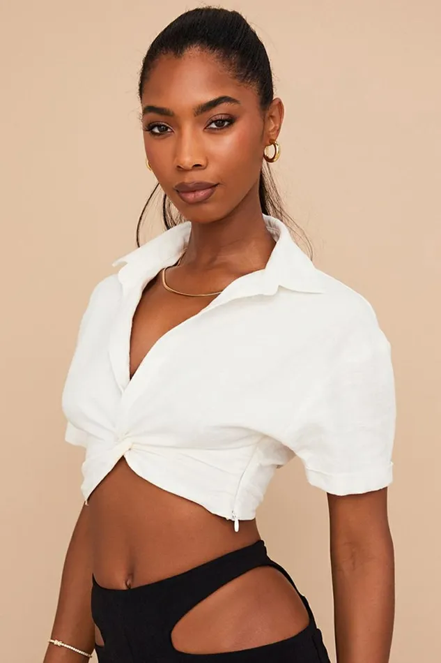 Women Remi White Twist Front Crop Shirt House Of CB Tops Women Remi White Twist Front Crop Shirt House Of CB Tops