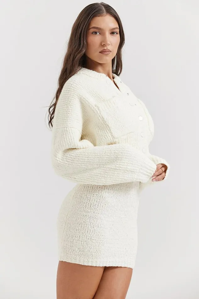 Women Salilah Cream Chenille Blend Bomber Jacket House Of CB Tops