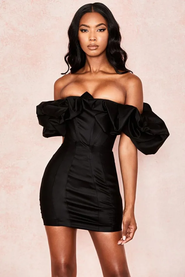 Women Selena Black Satin Puff Shoulder Dress House Of CB Dresses