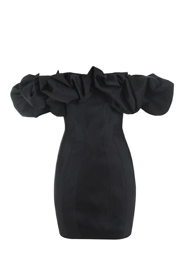 Women Selena Black Satin Puff Shoulder Dress House Of CB Dresses