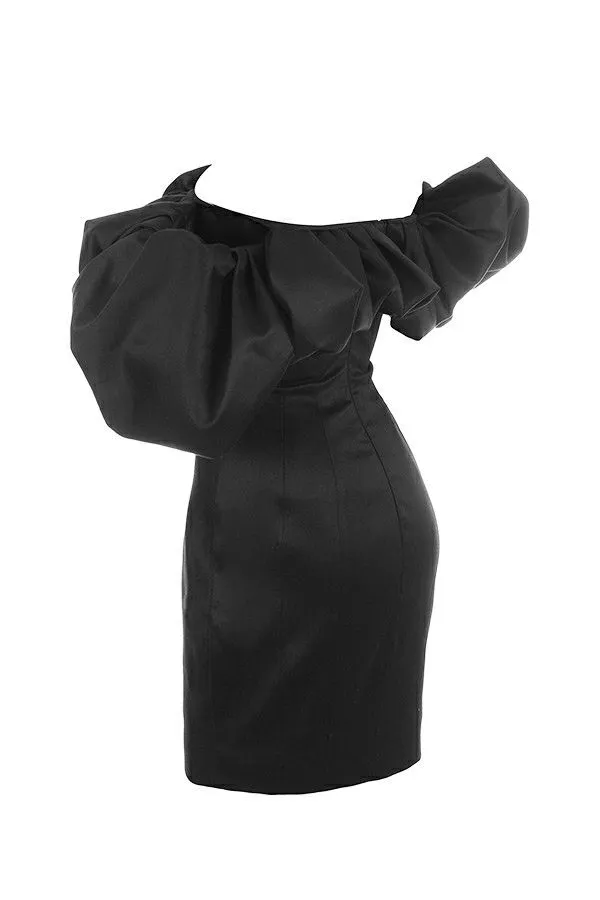 Women Selena Black Satin Puff Shoulder Dress House Of CB Dresses