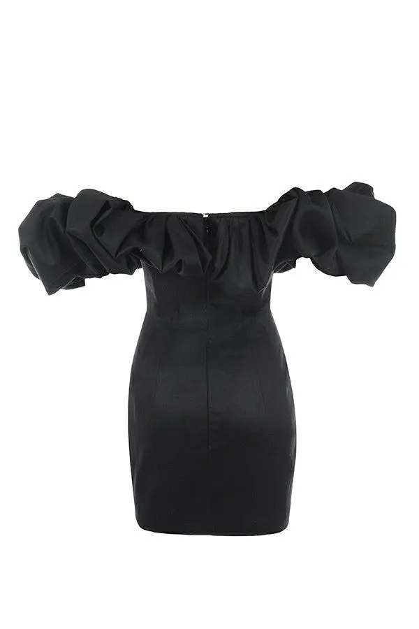 Women Selena Black Satin Puff Shoulder Dress House Of CB Dresses