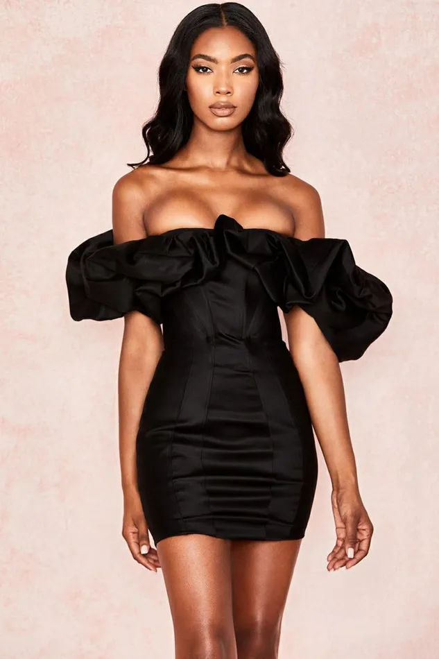 Women Selena Black Satin Puff Shoulder Dress House Of CB Dresses