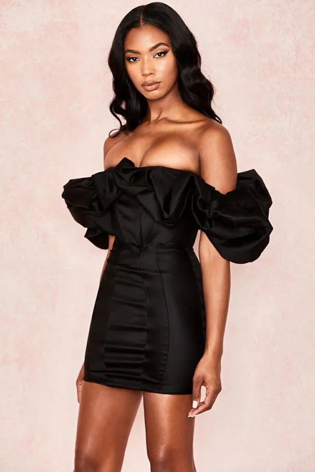 Women Selena Black Satin Puff Shoulder Dress House Of CB Dresses