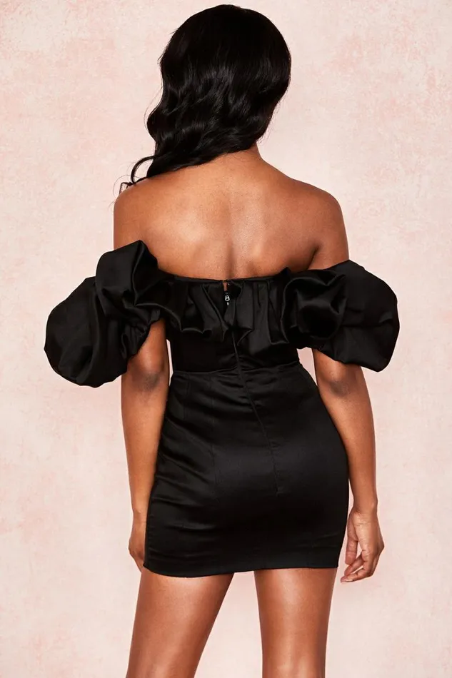 Women Selena Black Satin Puff Shoulder Dress House Of CB Dresses