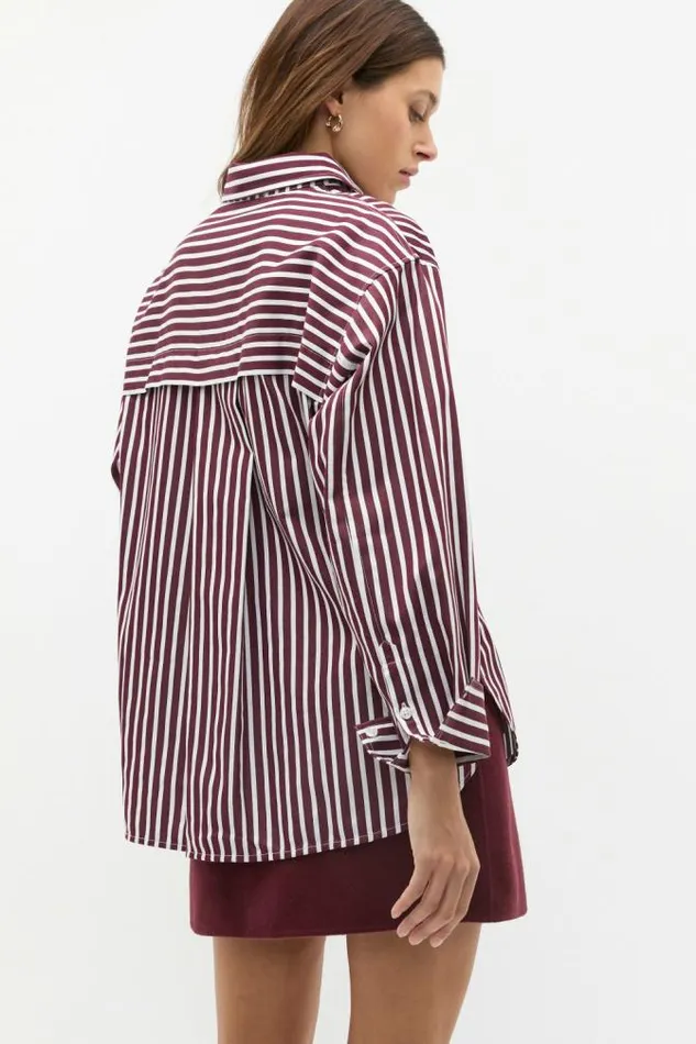 Women Shirts Seed Heritage Cotton Stripe Shirt Plum Red Stripe