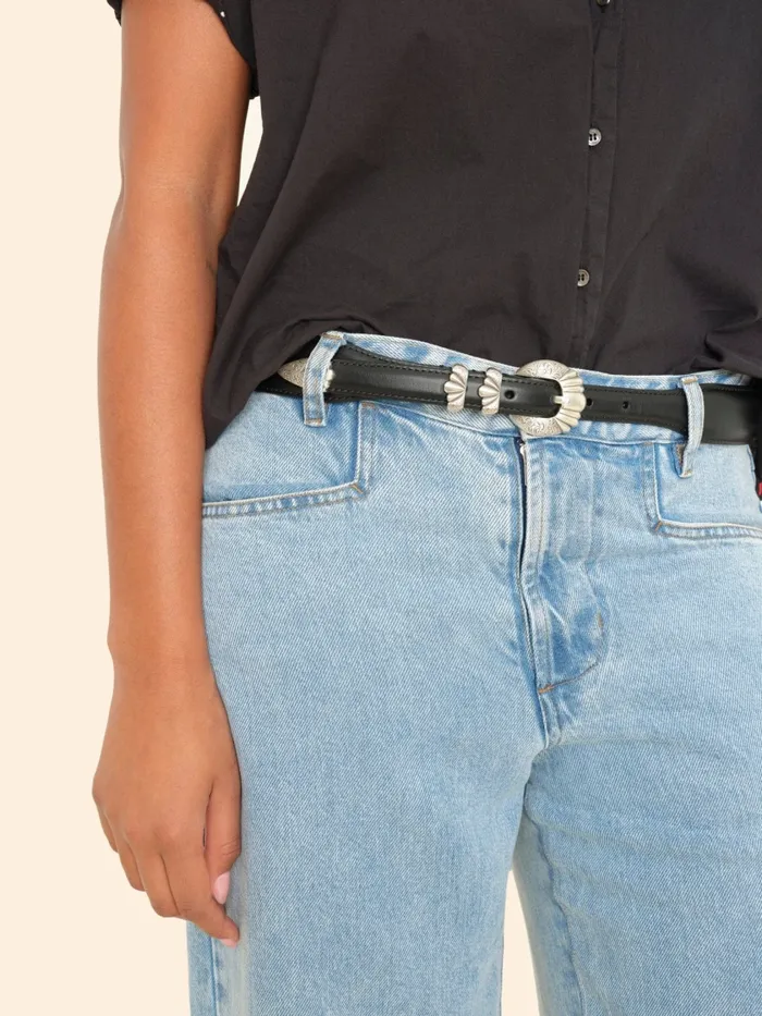 Women Silver Ostrich Black Calfskin Versailles Belt Accessories XRENA Women Silver Ostrich Black Calfskin Versailles Belt Accessories XRENA