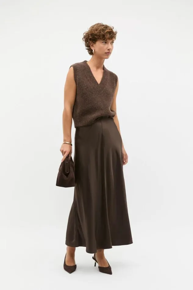 Women Skirts Seed Heritage Satin Midi Swing Skirt Dark Espresso