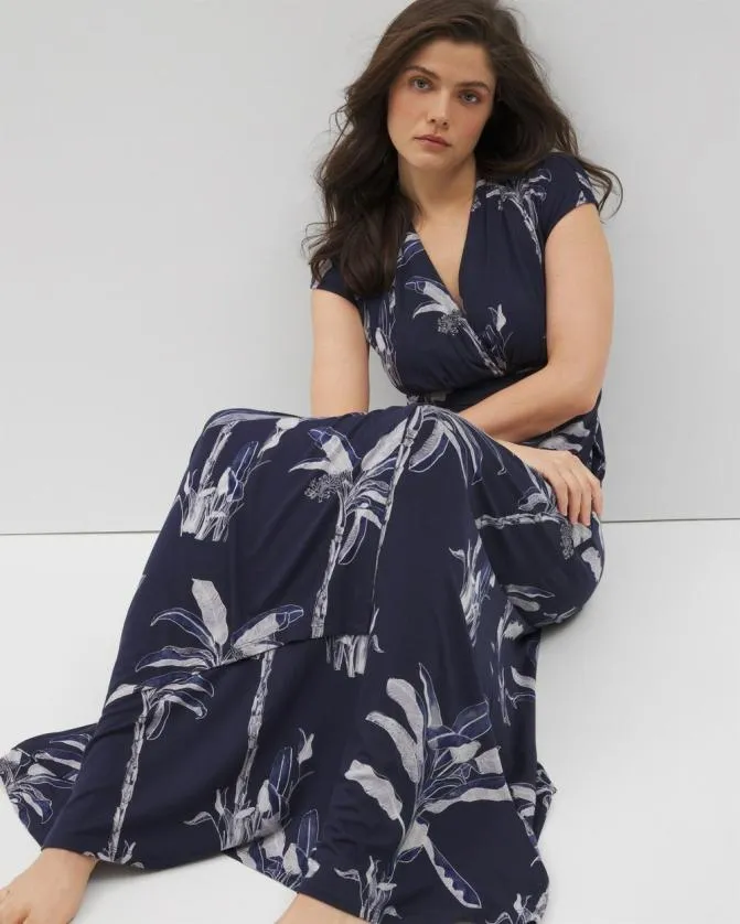 Women Soma Long Dresses Soft Jersey Band Maxi Bra Dress Palm Toile Nightfall Navy