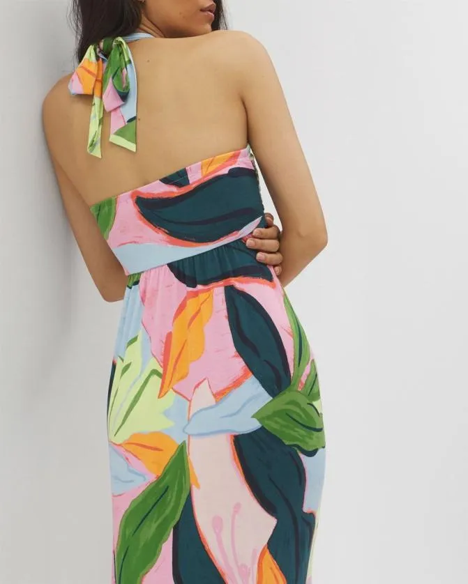 Women Soma Long Dresses Soft Jersey Retreat Maxi Bra Dress Flirty Flora Dark Sea