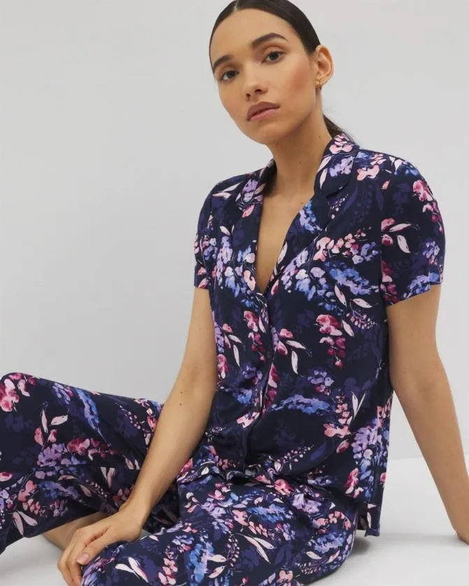 Women Soma Matching Separates Cool Nights Short Sleeve Notch Collar Pajama Top Bloom Brightly Navy