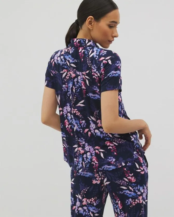 Women Soma Matching Separates Cool Nights Short Sleeve Notch Collar Pajama Top Bloom Brightly Navy