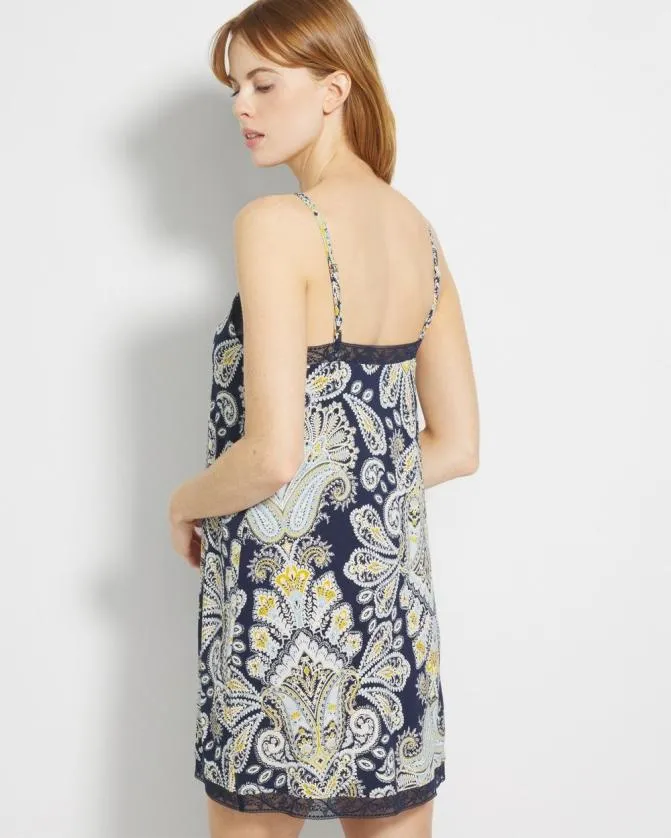 Women Soma Nightgowns Cool Nights Lace Trim Chemise Stylish Paisley Navy