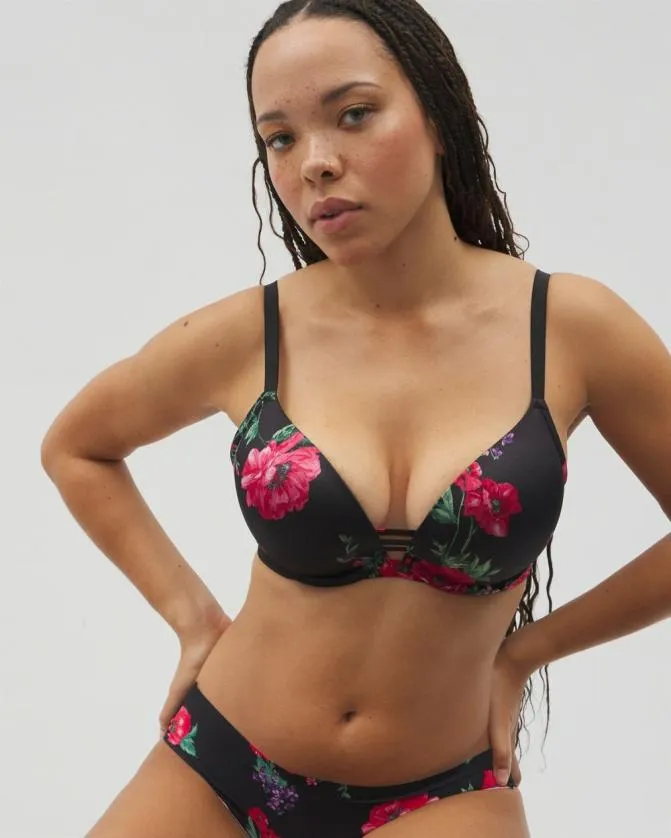 Women Soma TShirt Bras Stunning Pushup Plunge Bra Rhapsody Flora Mini Black