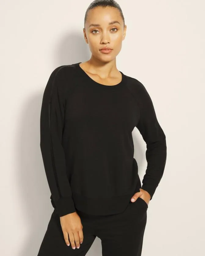 Women Soma Tops Ultra Soft Fleece Velour Trim Crewneck Black