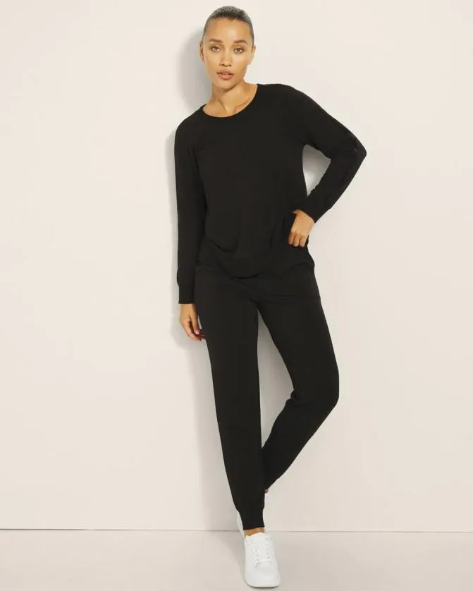 Women Soma Tops Ultra Soft Fleece Velour Trim Crewneck Black