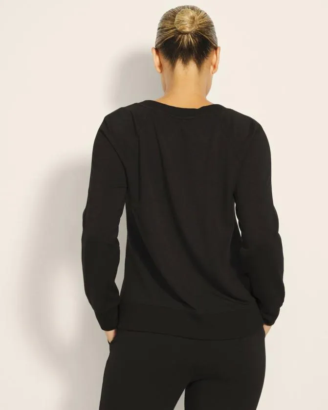 Women Soma Tops Ultra Soft Fleece Velour Trim Crewneck Black