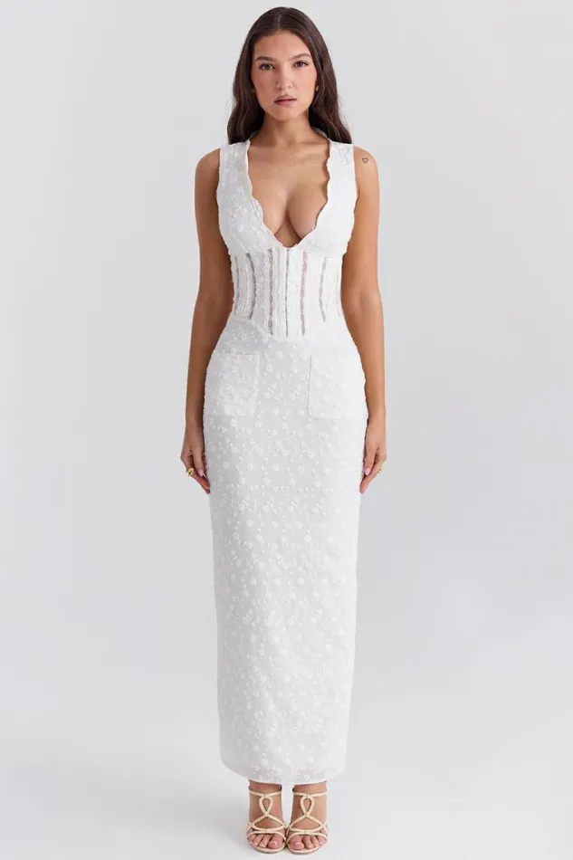 Women Sophina White Cotton Broderie Anglais Plunge Maxi Dress House Of CB Dresses Women Sophina White Cotton Broderie Anglais Plunge Maxi Dress House Of CB Dresses