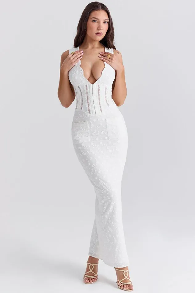 Women Sophina White Cotton Broderie Anglais Plunge Maxi Dress House Of CB Dresses Women Sophina White Cotton Broderie Anglais Plunge Maxi Dress House Of CB Dresses