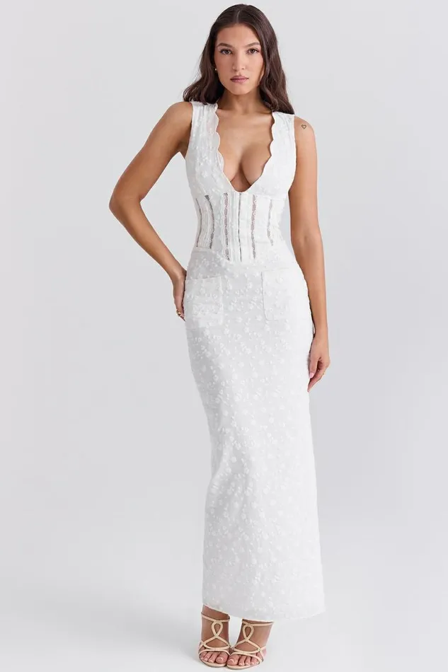 Women Sophina White Cotton Broderie Anglais Plunge Maxi Dress House Of CB Dresses Women Sophina White Cotton Broderie Anglais Plunge Maxi Dress House Of CB Dresses
