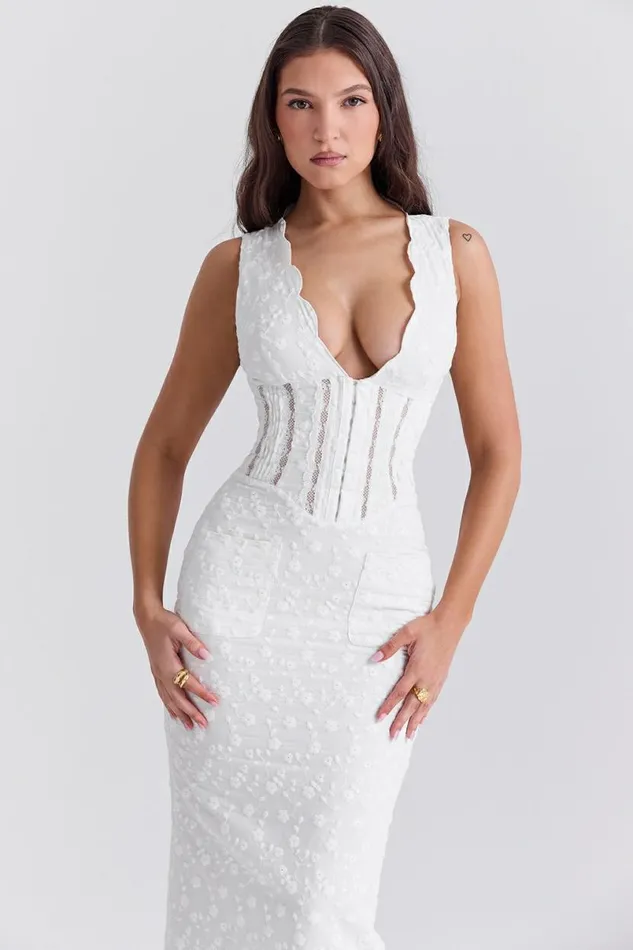 Women Sophina White Cotton Broderie Anglais Plunge Maxi Dress House Of CB Dresses Women Sophina White Cotton Broderie Anglais Plunge Maxi Dress House Of CB Dresses